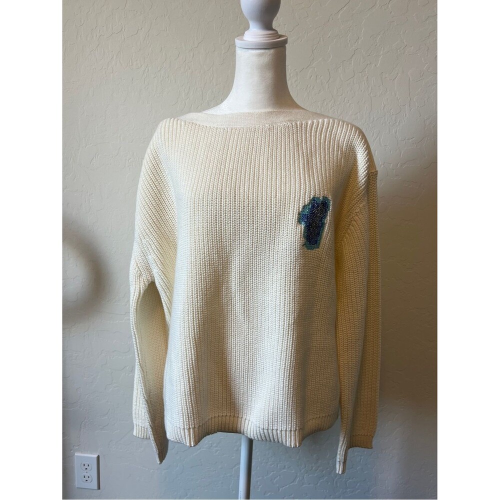 Jenni Kayne Limited Edition Keep Tahoe Blue Boatneck White Cotton Sweater Medium
